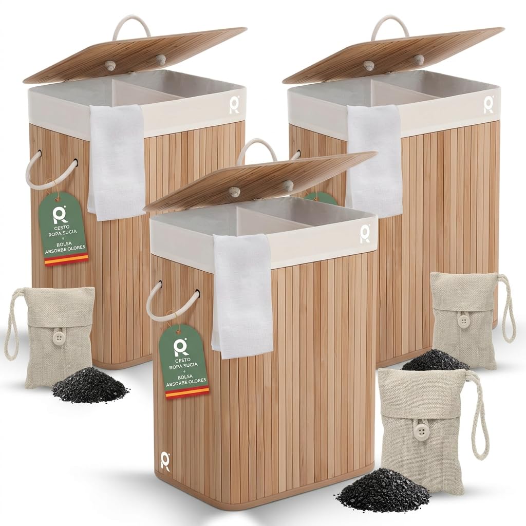 Cesto Ropa Sucia 2 Compartimentos. Cesta con Tapa Cubo 72 L de Bambu (Natural) Laundry Basket Incluye Bolsa Antiolor Canasta Doble de Lavanderia Madera Colada Pack 3