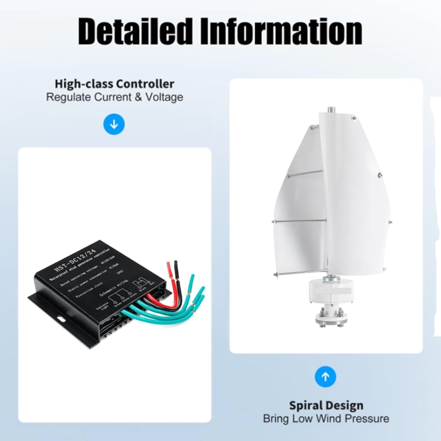 Kit generatore eolico ad asse verticale Maglev per uso domestico da 2000 W, 12 V-48 V, 2 pale a spirale con controller, per funzionamento fuori rete.