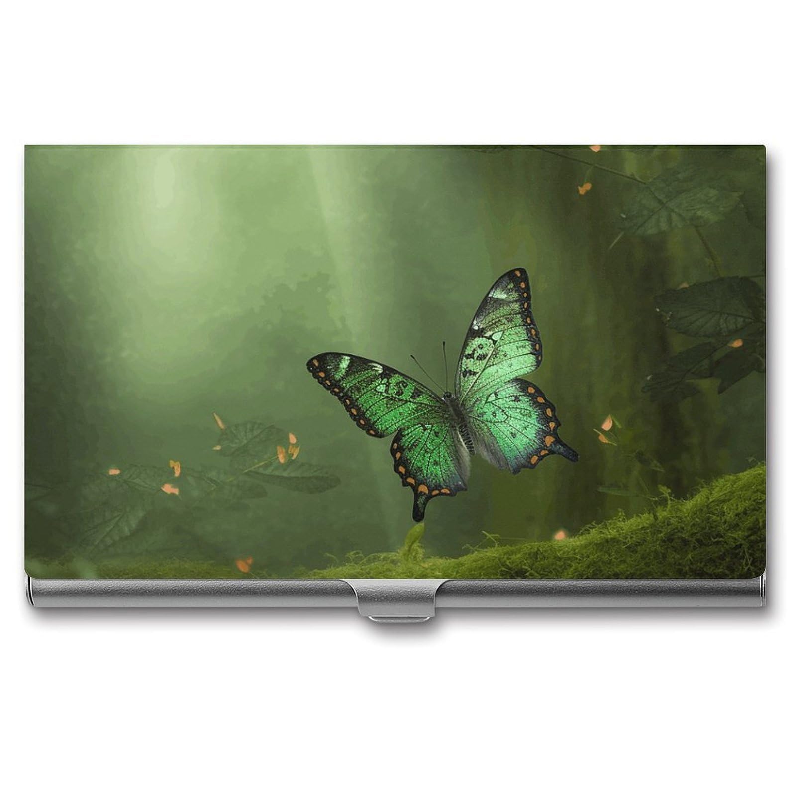 BTCOWZRV Green Butterfly Business Card Holder Metal Slim Business Card Case, Pocket Card Holder for Men Women Purse Name Card Holder Stainless Steel Wallet Credit ID Case for Office