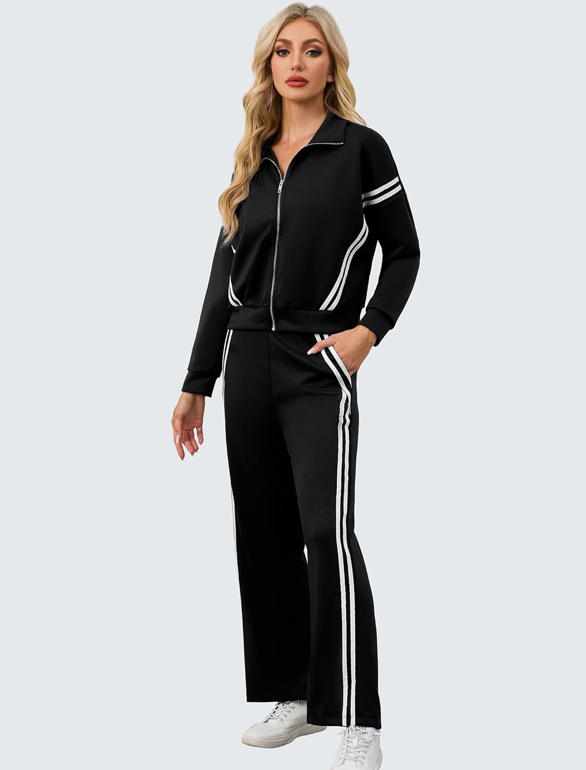 Women's 2 Piece Outfits Lounge Sets for Women Sweatshirt Zip Up Sweatsuit Wide Leg Sweatpant Tracksuit Matching Set