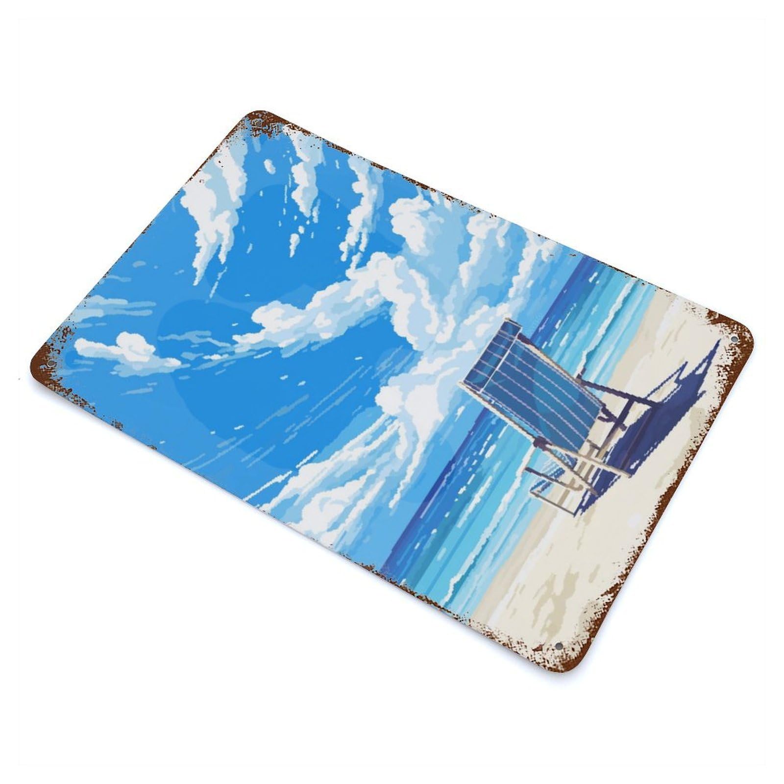 Peaceful Beach Pixel Art Rusty Metal Tin Sign 11.8"x7.9", Ideal for Farmhouse, Kitchen And Entryway Decor