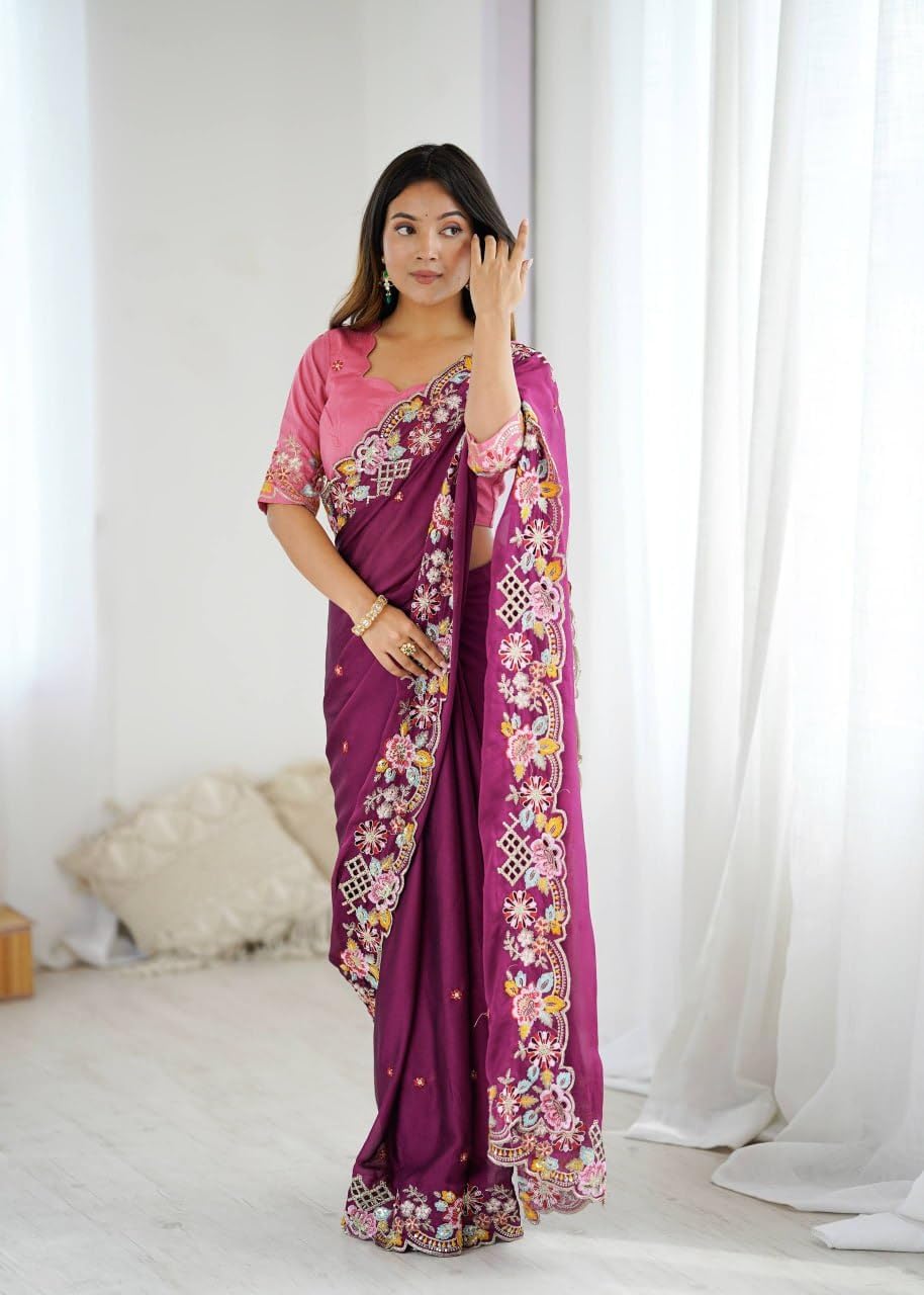Women's Wedding Wear Saree with Multicolor Floral Embroidery, Mirror Work, Scalloped Border, Festive Wear