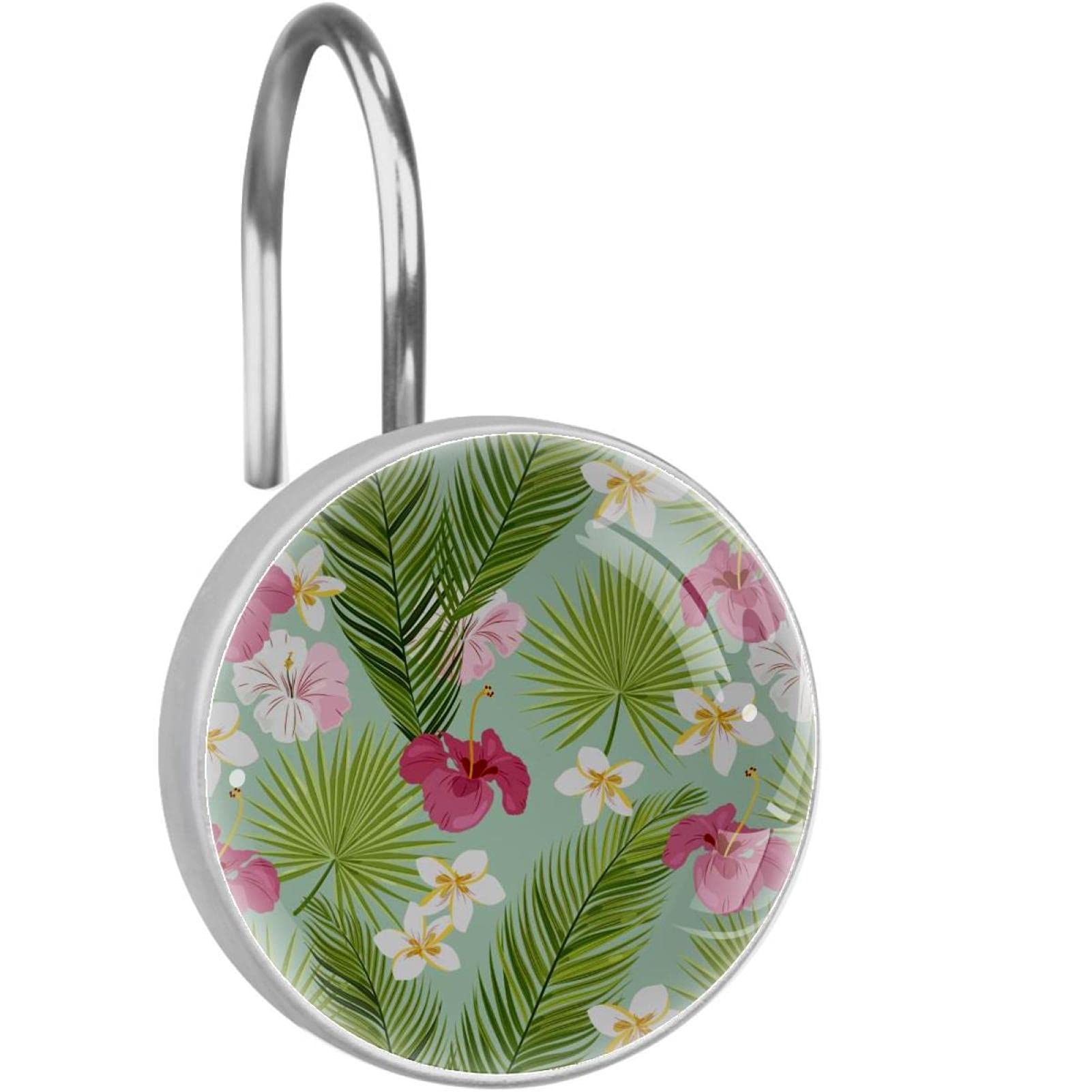 12 ganci decorativi per tenda da doccia con fiori tropicali e foglie, in acciaio inossidabile, anelli per doccia rotondi e antiruggine, per bagno e doccia