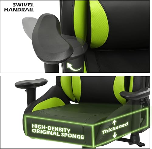 Miniatura 8 de Magshion Silla de juegos reclinable de 85 a 125 con respaldo alto verde con soporte lumbar, altura ajustable, fibra de carbono, piel sintética,