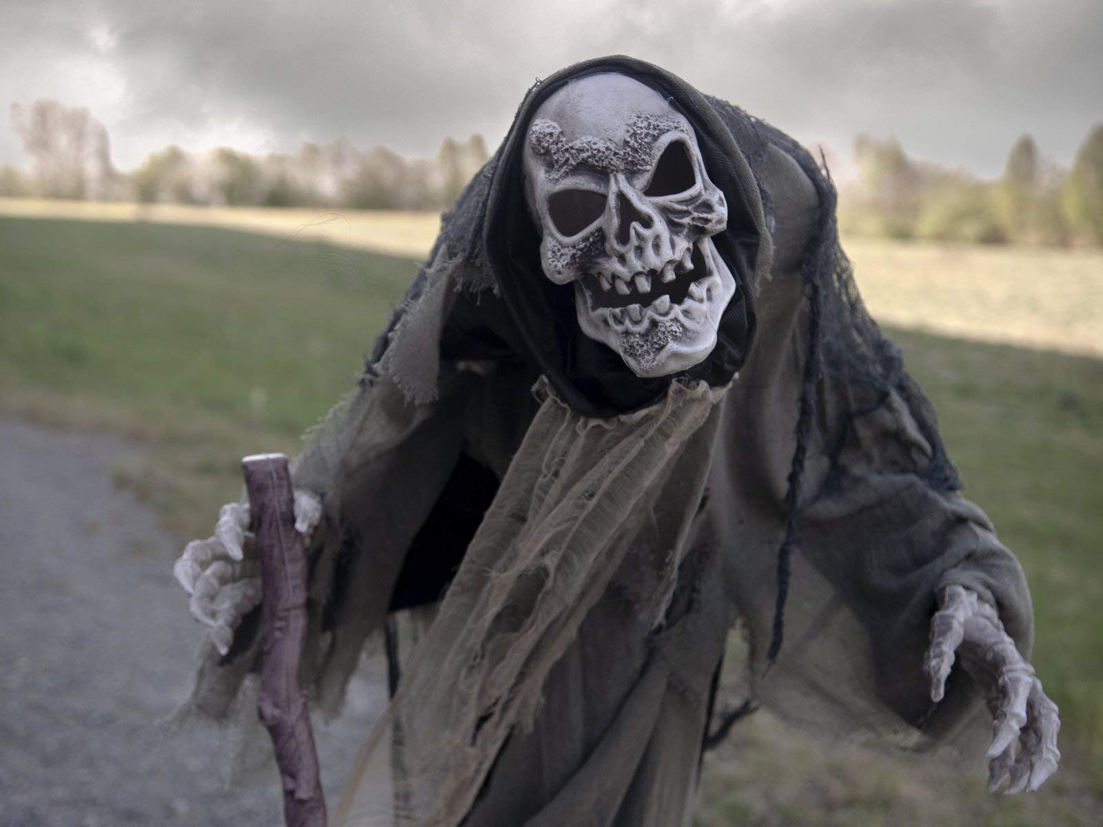 EUROPALMS Halloween Figur Wanderer, 160cm | Animiertes Skelett als Standfigur