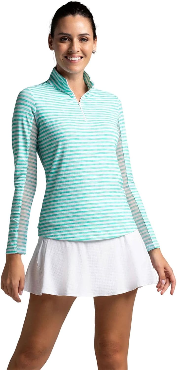 IBKUL Athleisure Wear Sun Protective UPF 50+ Icefil Cooling-Landon Stripe II Print Long Sleeve Mock Neck Top-10164