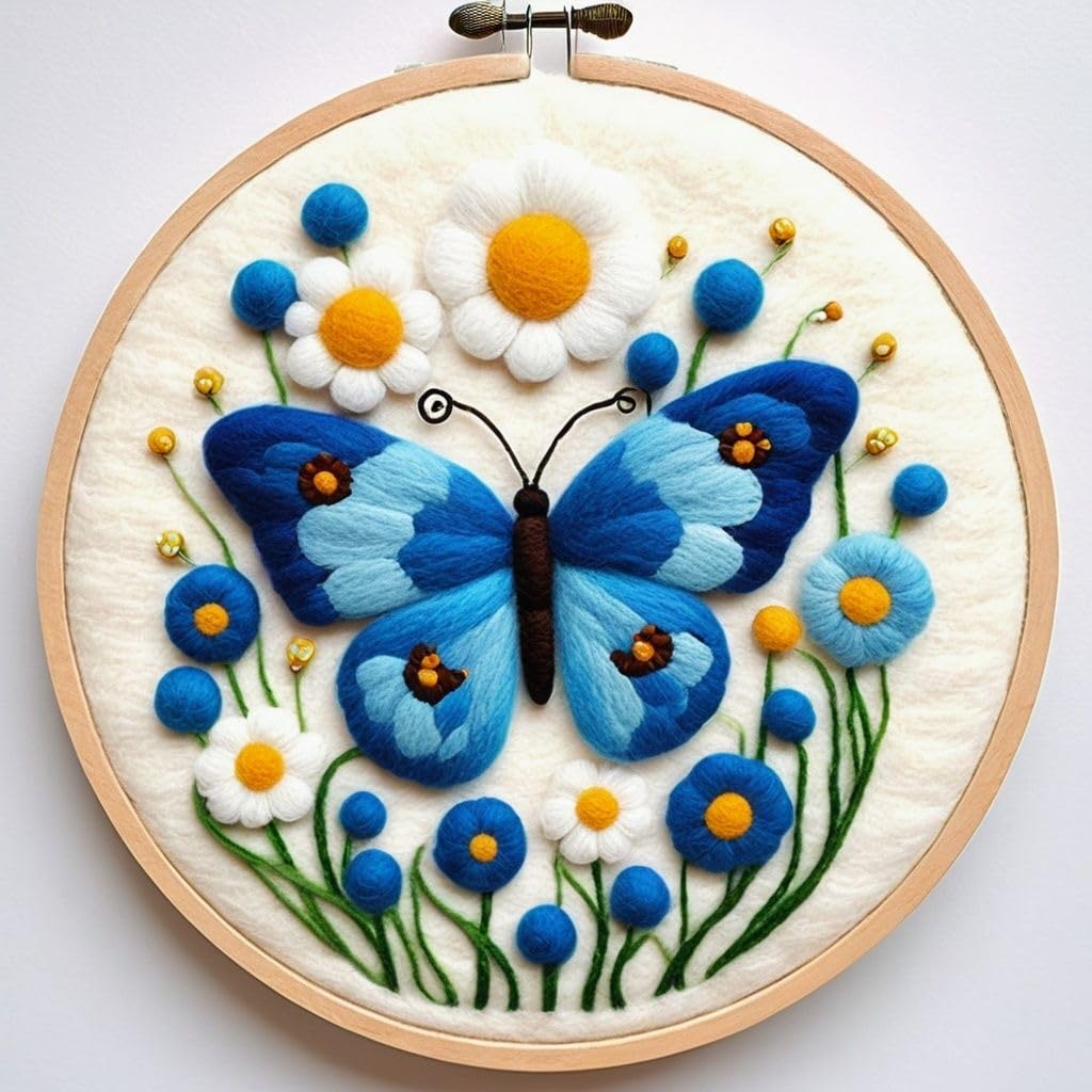 Needle Felting Kits Beginners, Butterfly DIY Wool Needle Felting Starter Kit, Needle Felt Set with Picture Frame, Foam Pad, Felt Cloth and Instructions, Gift for Home Decoration (butterfly art-07)