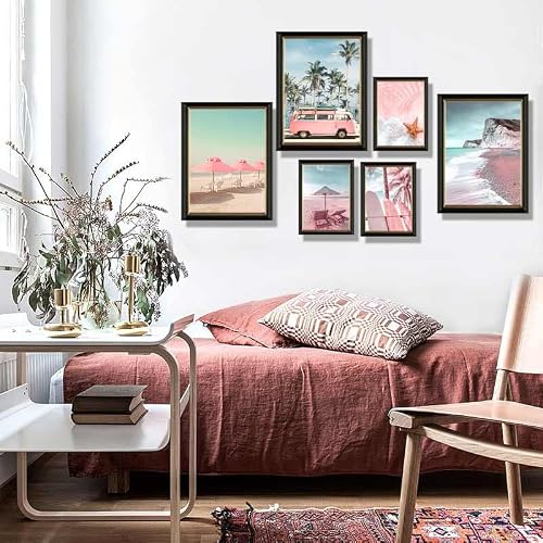 6 Set Large Beach Wall Art For Living Room Bathroom Pink And Blue Seascape Themed Picture Poster Print Wall Decor Beach Chairs Starfish Surfboard Palm Tree For Teens Girl Home Decorations Unframed #TOP2