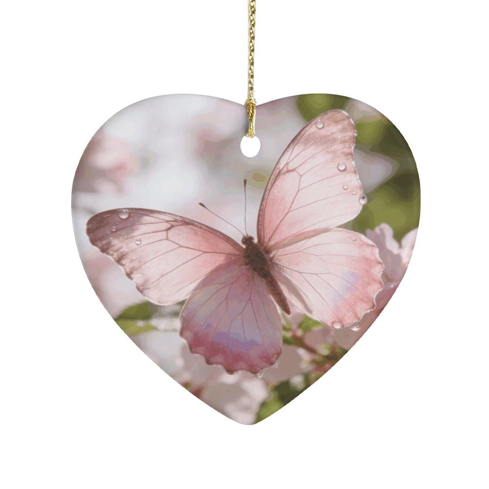 Khauerbc Style Butterfly-Pinkheart Shaped Ceramic Ornament With String,Ceramic Ornament,Two-Sided Printed For Christmas Tree And Holiday Decoration