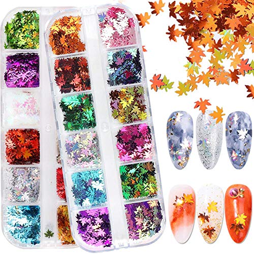 BFY Fall Nail Art Stickers Decals Maple Leaf Glitter 2 Sets Fall Nail Art Supplies Foil Decorations Manicure Tips Accessories Autumn Holographic Gradient Leaf Nail Sequins for Acrylic Nails Design