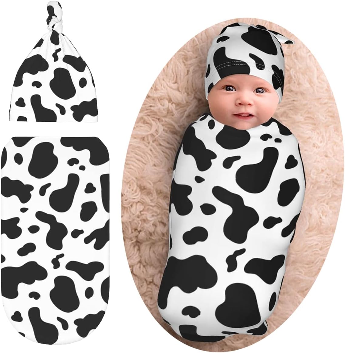 Cow Print Baby Stuff Swaddle Blankets Beanie Hat Sets, Soft and Stretchy Newborn Blanket Swaddle Sack for Baby Shower Infant Boy and Girl