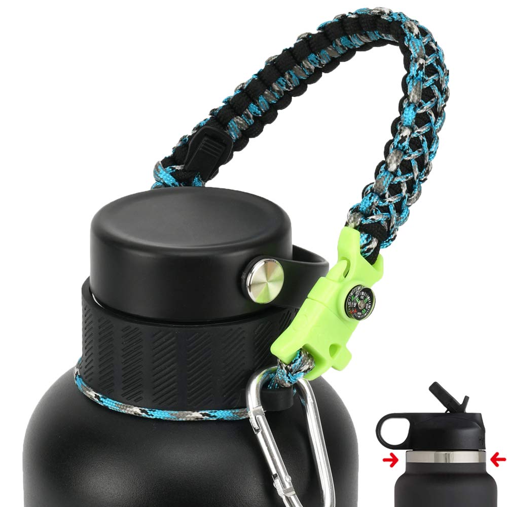 QeeCord 2.0 Paracord Handle for Hydroflask 2.0 Wide & Standard Mouth Water Bottles Strap Carrier with New Safety Ring Holder, 12oz - 64oz