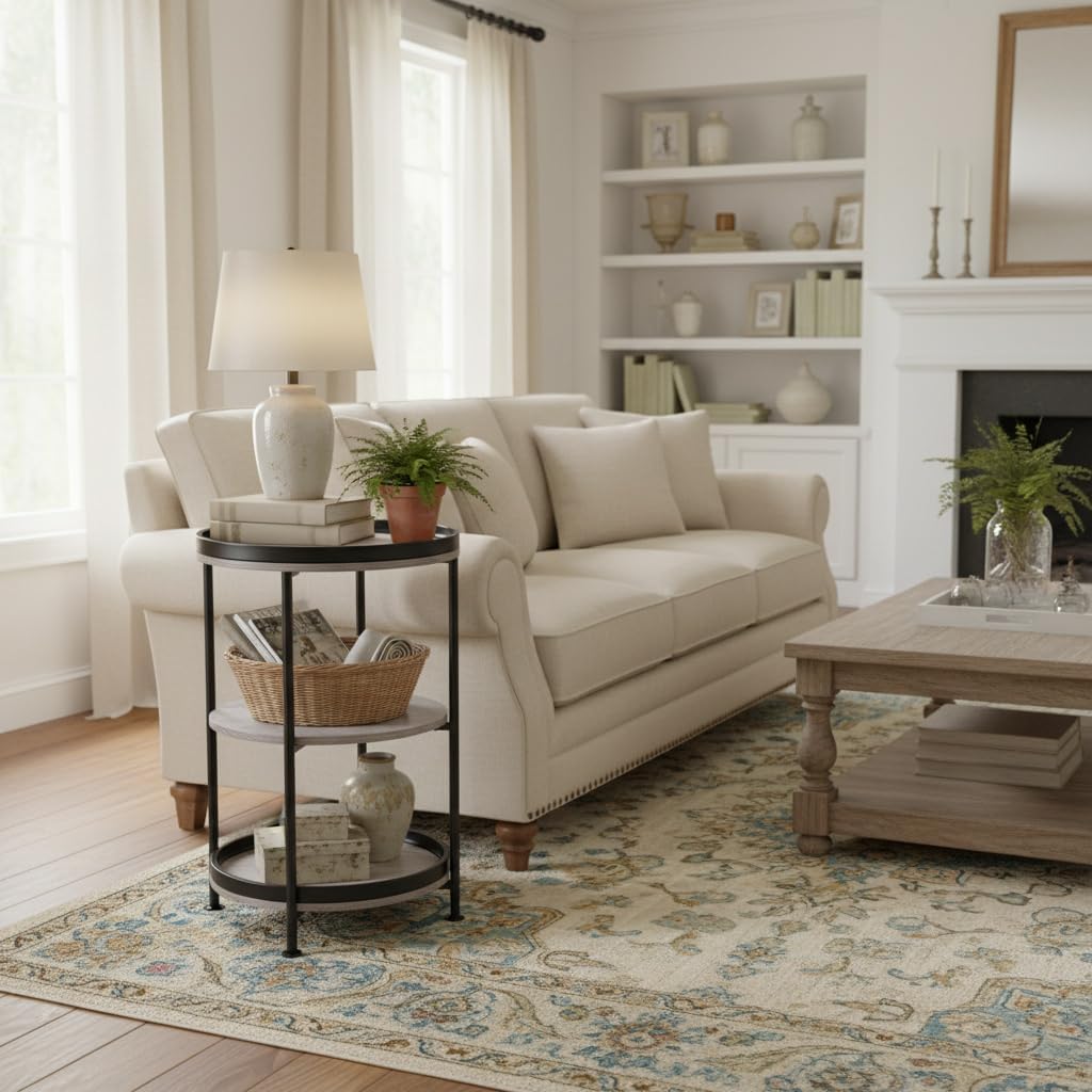 Dulcii Side Table, Round End Table with 3 Storage Shelves for Living Room, Bedroom, Nightstand with Steel Frame for Small Spaces, Industrial Round Sofa Table, Outdoor Accent Coffee Table, Oak