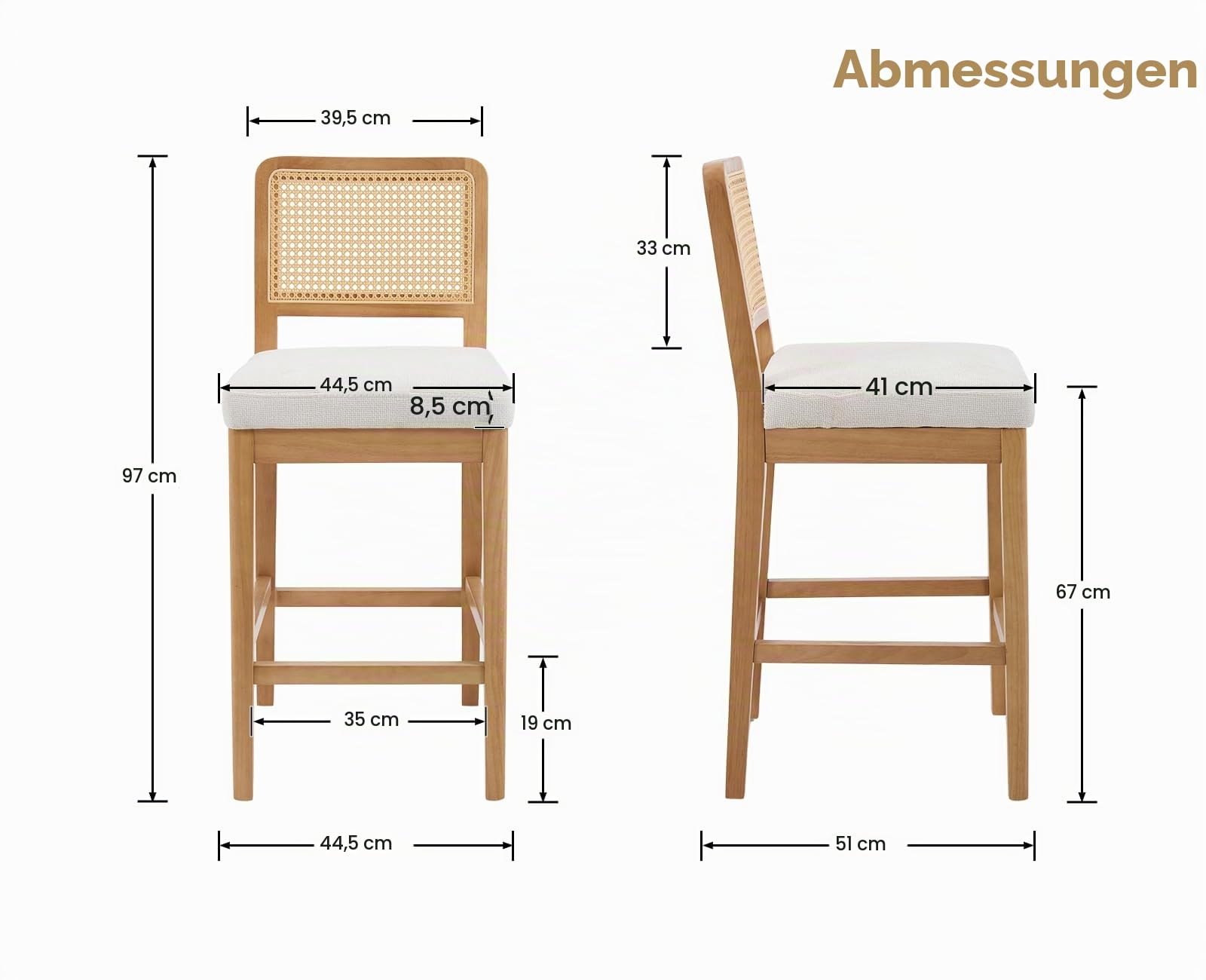 chairus 2er-Set Barhocker Holz, Retro Rattan-Rückenlehne, Chenille/Weiß