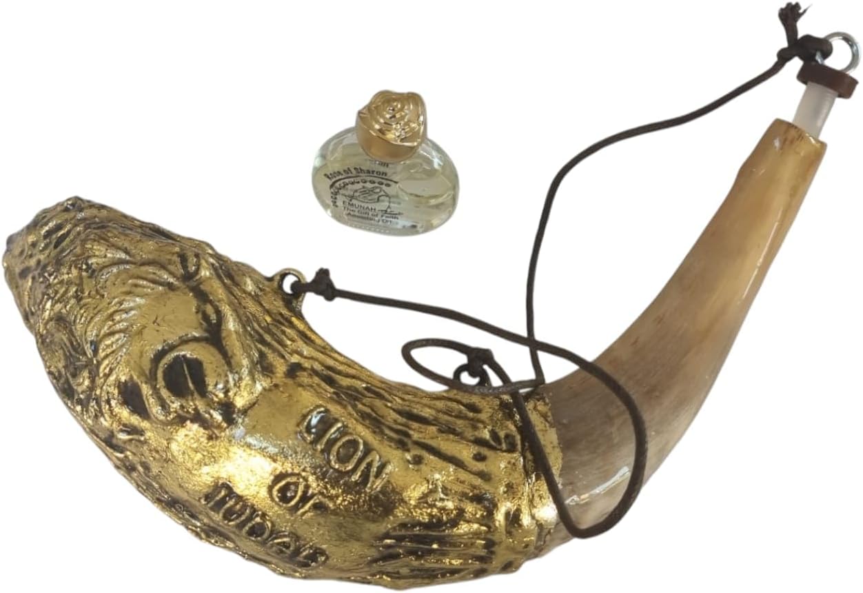 Lion of Judah Gold Plated Ram's Ram Horn Shofar Anointing Oil Dispenser - Decorative Holy Land Gift with Free Perspex Stand & Oil - 12-14 Inch
