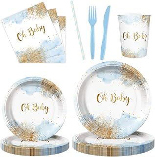 112 PCS Baby Shower Party Decorations Boy Watercolor Pastel Blue Boy Baby Shower Party Supplies Disposable Dinnerware Oh Baby Paper Plates Napkins Cups Serves Serves 16