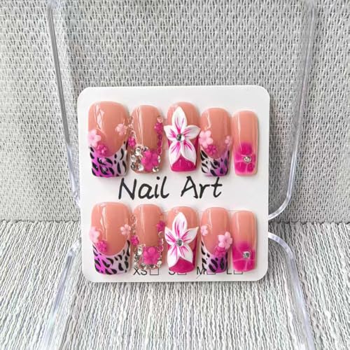 Medium Square Press on Nails Handmade Fake Nails Pink Leopard