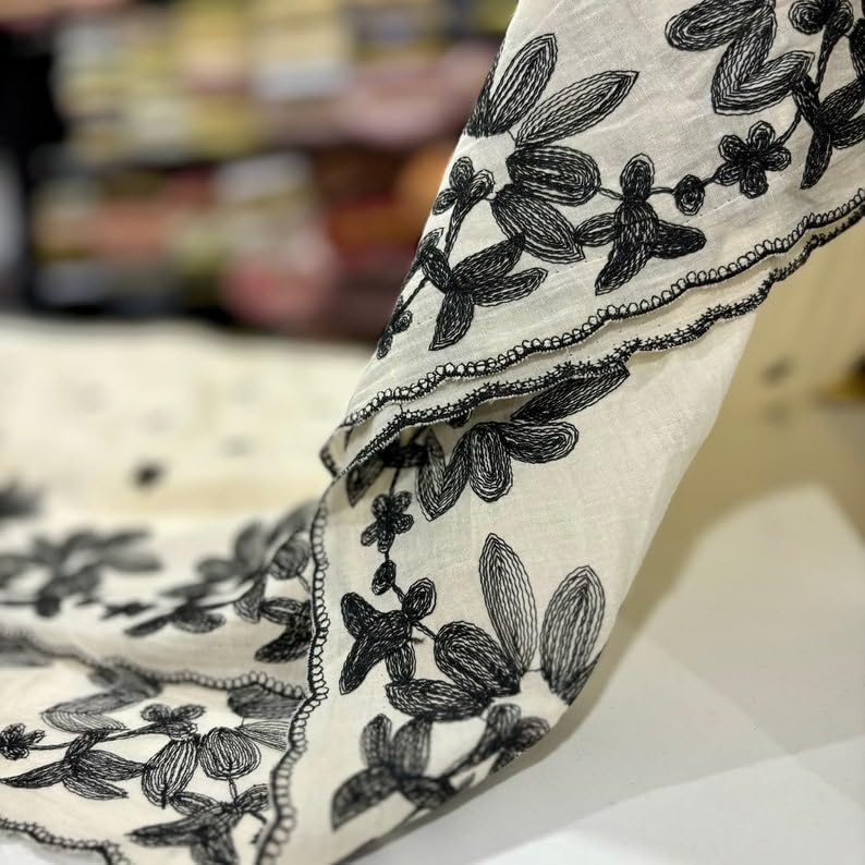 Flower Embroidered 100% Cotton Voile Fabric, Embroidered Fabric by The Yard, Ribbon Embroidered(1.53 Yards -55 inch Width)