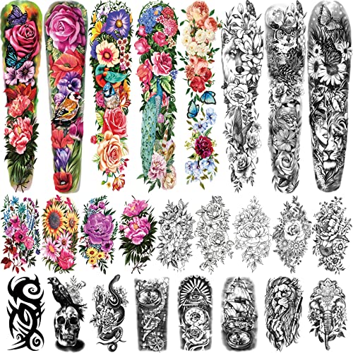 55 Sheets Full Arm Flower Temporary Tattoos Adult, 8PCS Full Sleeve Fake Tattoos,17PCS Half Arm Tattoo 30PCS Tiny Tattoo Butterfly Waterproof Realistic Tattoos for Women Girls