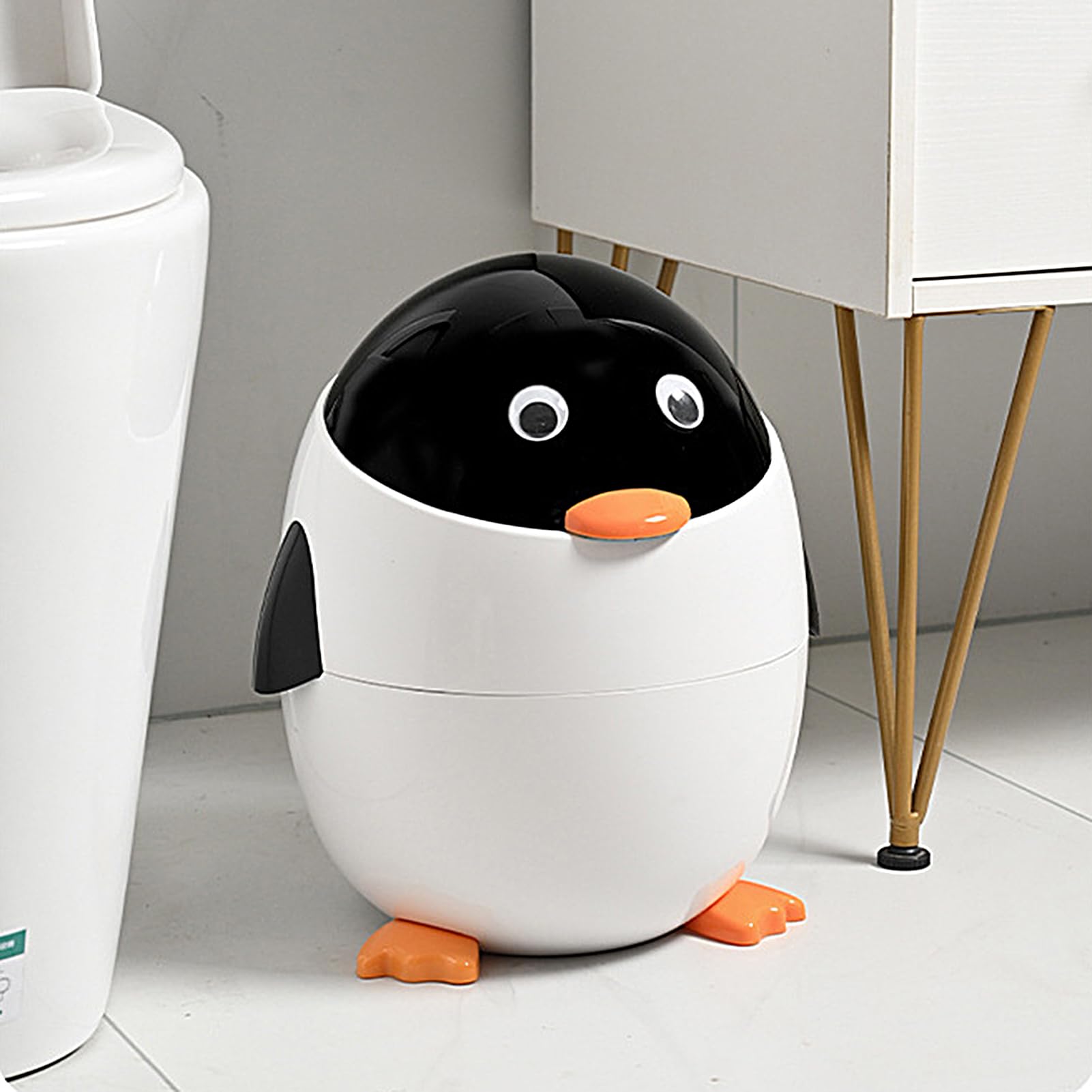 Penguin -Müll kann - süßer Tierabfallbehälter, kompakter Tischmüllbehälter | Dekorative Heimbüros Schreibtisch Mini -Mülleimer, pinguinförmiger Müllkorb mit Schwungdeckel für Schlafzimmer Küch
