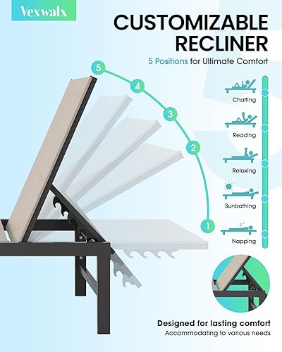 Miniatura 5 de Juego de 2 sillas de salón al aire libre de Vexwalx para piscina, sillas de salón tipo chaise de aluminio con reclinación de 5 posiciones, silla de