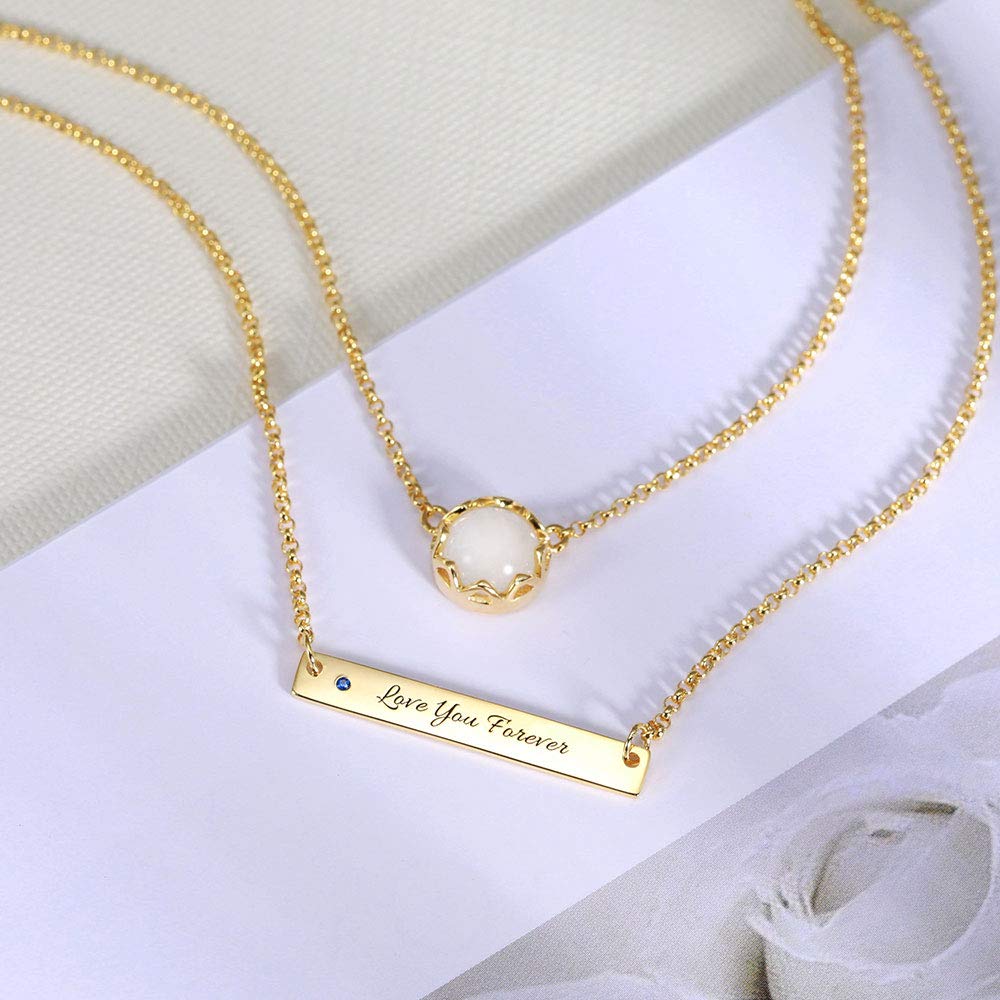 Collar de barra minimalista de doble capa con piedra lunar, chapado en platino/oro/oro rosa, plata de ley 925 para mujer
