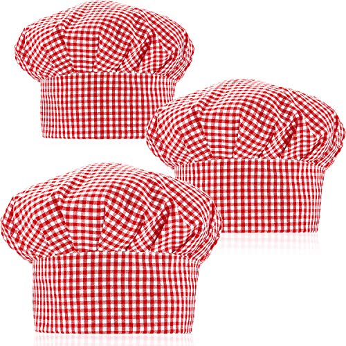3 Pieces Gingham Fabric Chef's Hat White and Red Chef Hat Red Check Chef Hat Red Gingham Adjustable Kitchen Cooking Chef Cap for Party Accessory (Classic Style)
