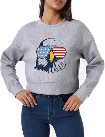 Ymoshoe 4th of July Sweatshirts For Women USA Cropped Sweatshirt American Flag Sweaters Long Sleeve Patriotic Crop Tops 2025