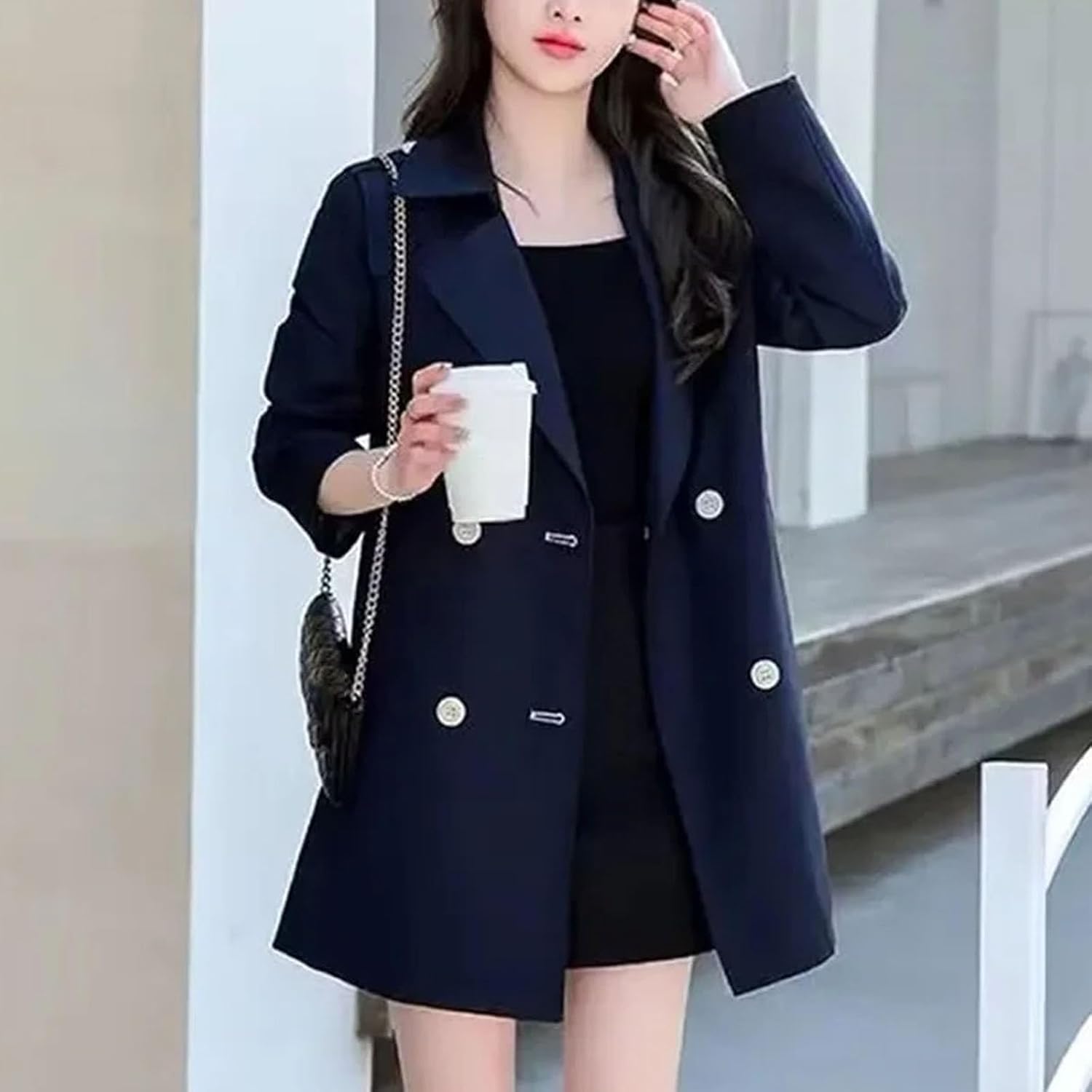 Womens Korean Trench Coat Casual Mid-length Outerwear Spring Long Sleeve Casual Windbreaker
