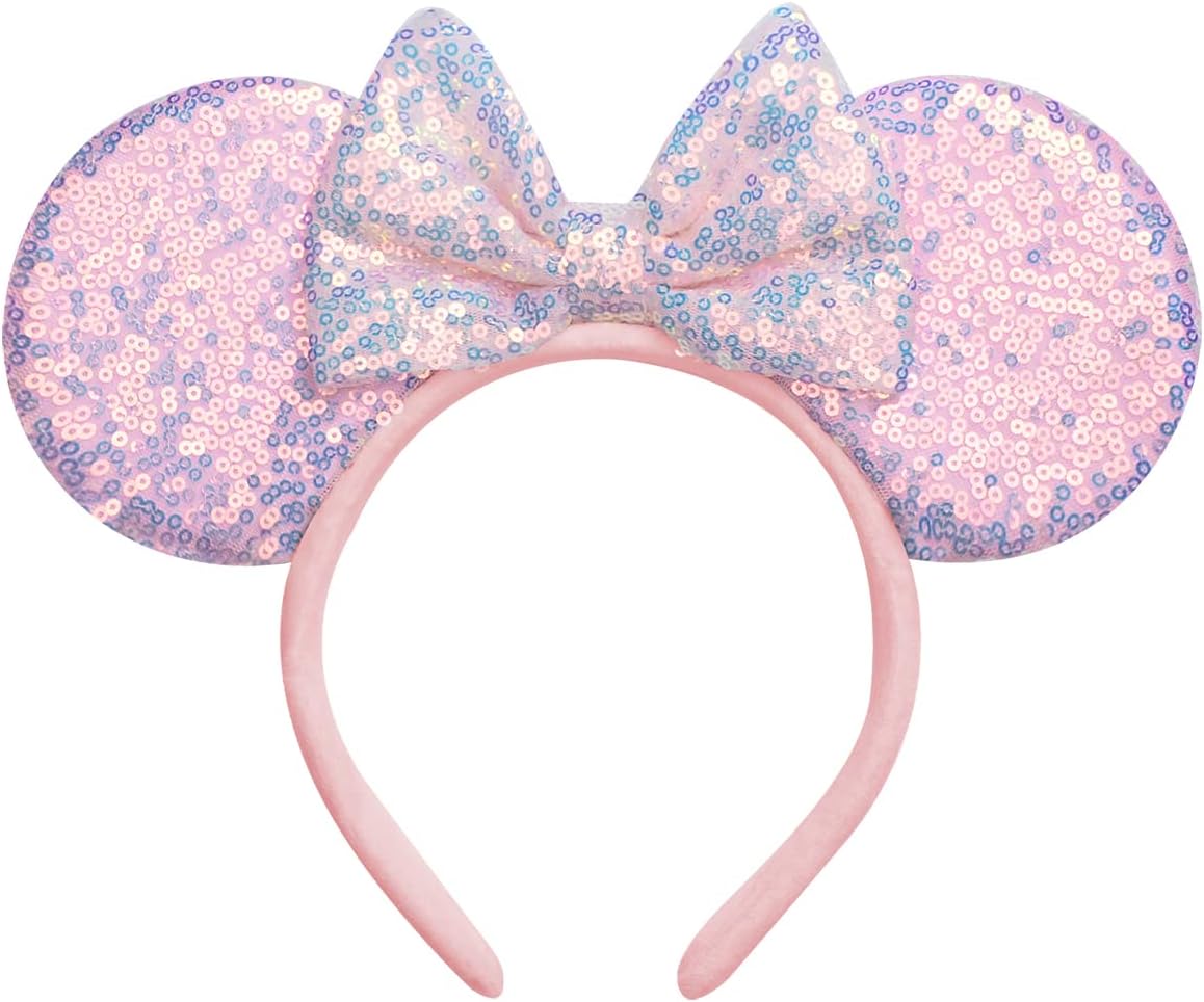 Pink Mouse Ears Headband, Sequin Bow Hairband for Birthday Girl, Cosplay Princess Rose Gold Hair Accessory