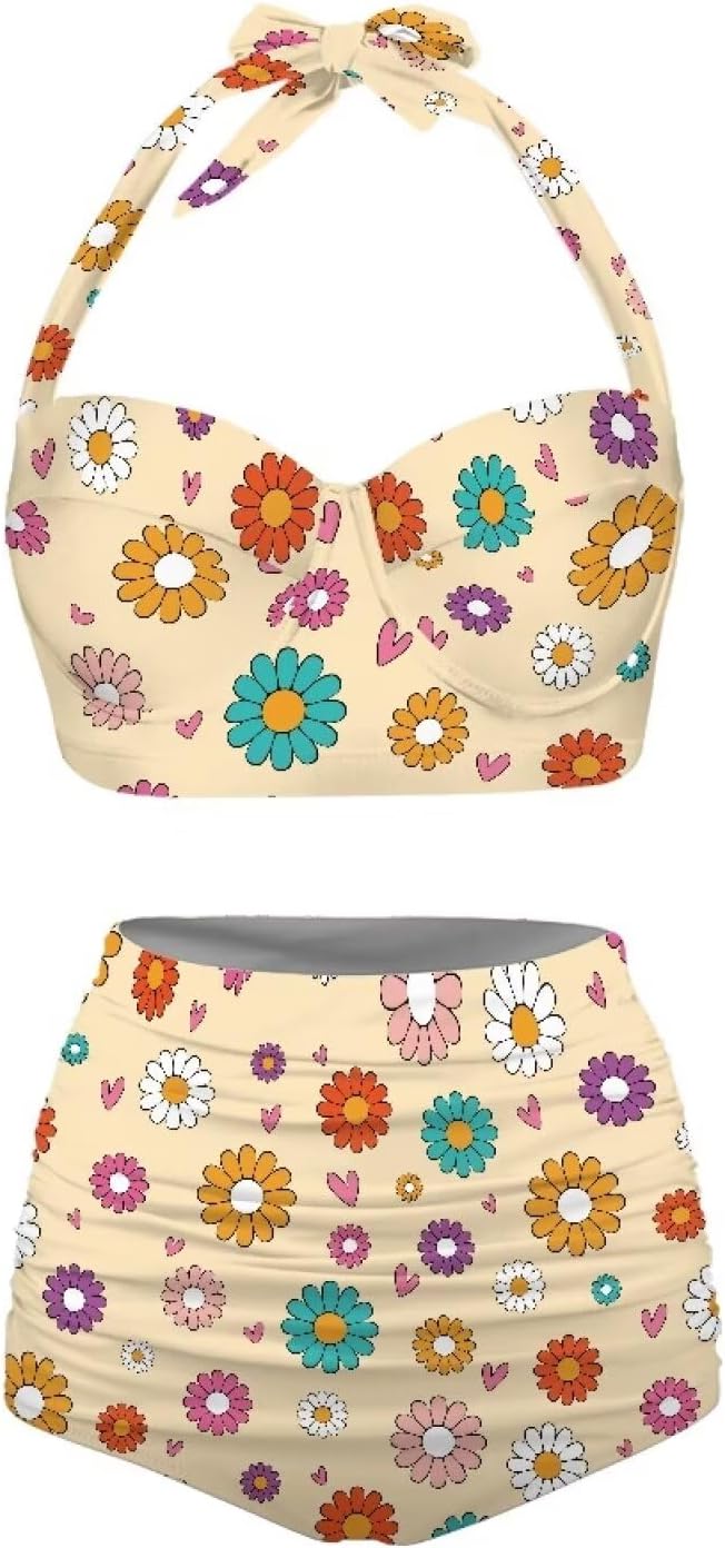 Suobstales Bikini Set for Women High Waisted Tummy Control Halter Top with Bottom, Two Piece Ruched Push Up Bathing Suit