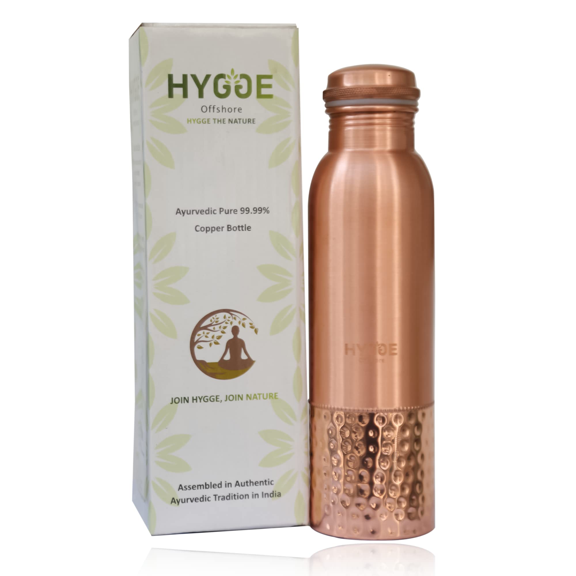 HYGGE Offshore Copper Water Bottle - 34 Oz Extra Large - A Half Hammered Ayurvedic Pure Copper Vessel for Drinking - Drink More Water, Lower Your Sugar Intake and Enjoy The Health Benefits Immediately