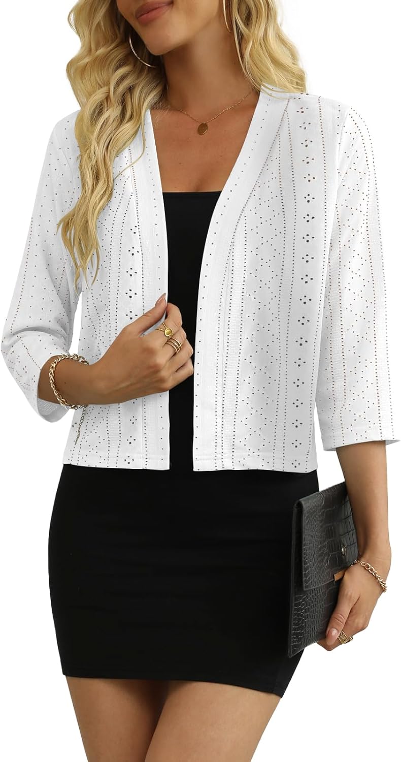 Women's 3/4 Sleeve Cropped Cardigan Lightweight Open Front Shrug Cardigans (White, M)