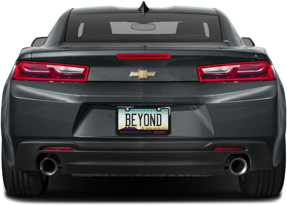 iPick Image for Chevrolet Camaro SS in 3D Dark Gray on Real Carbon Fiber ABS Plastic License Plate Frame is Official Licensed