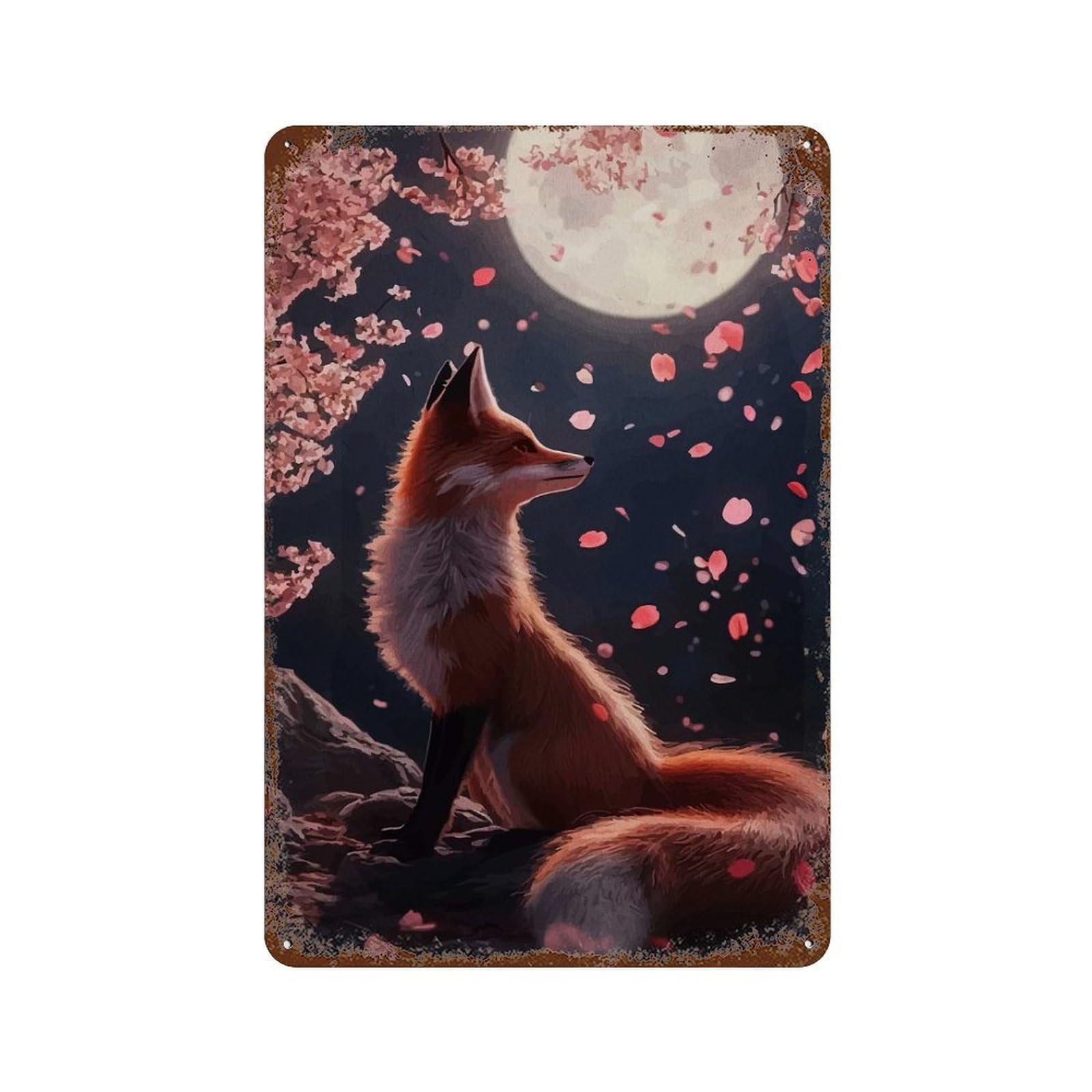 Fox Under The Moonlight with Cherryblossoms Decorative Tin Sign 11.8"x7.9", Vintage Wall Decor for Basement, Hobby Room And Garage Decor