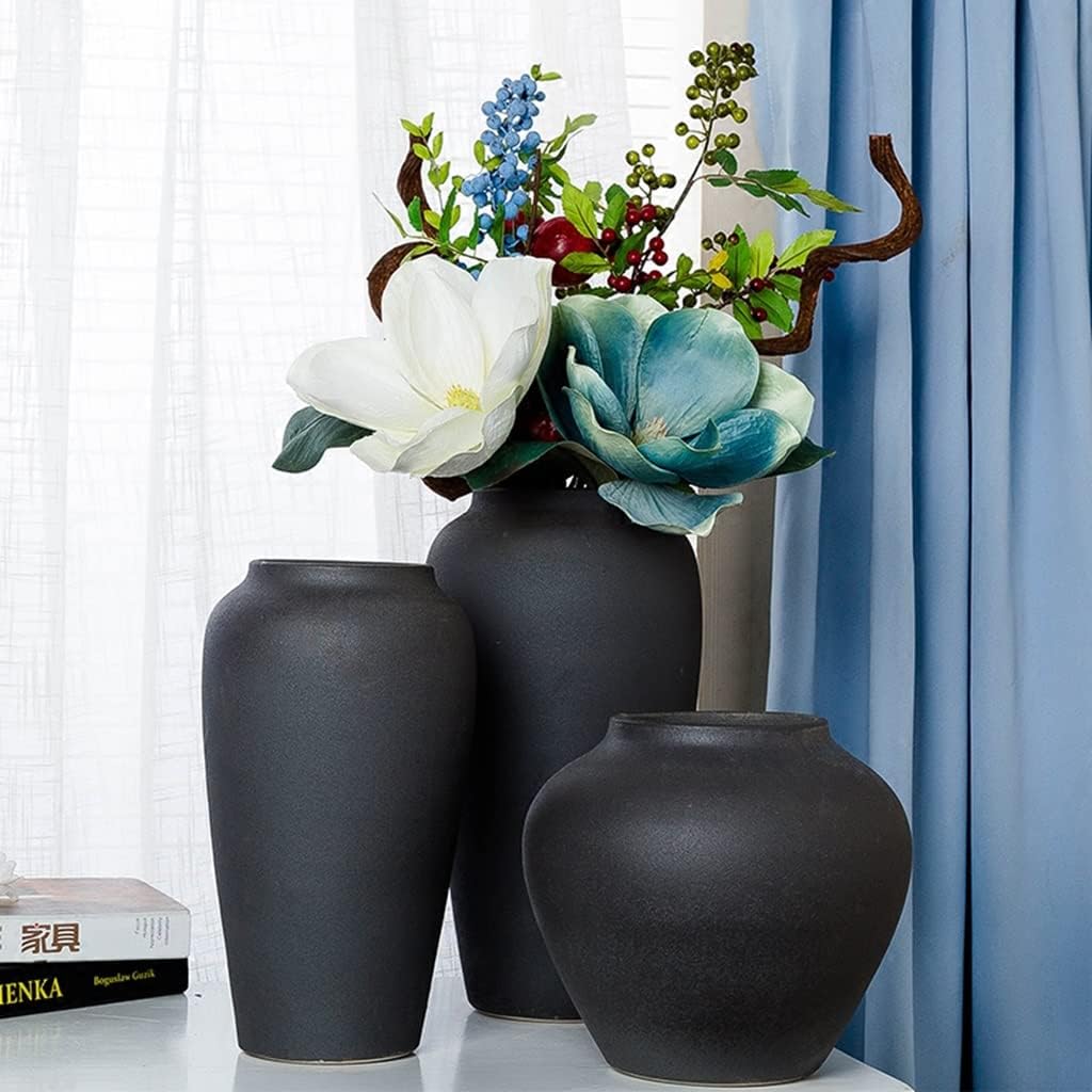 Hand Frosted Black Ceramic Vase Living Room Balcony Outdoor Retro Pottery Jar Fresh Flowers Dried Flowers Flower Arrangement Decoration (Color : Black, Size : 230mm/9inch)