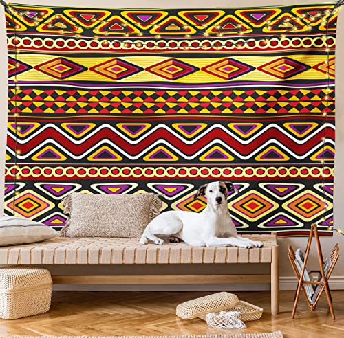 Ambesonne African Tapestry, Oriental Patterns With Geometric Ornate Forms And Antique Shapes Retro Art, Wall Hanging For Bedroom Living Room Dorm, 60" X 80", Yellow Burgundy #TOP7