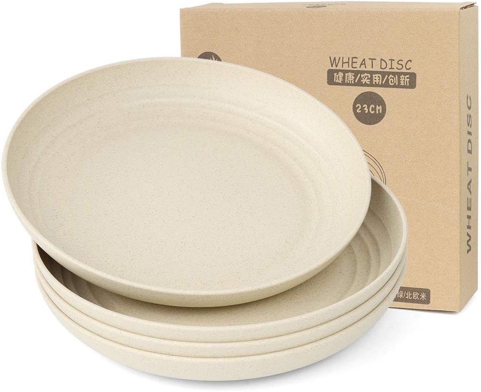 Wheat Straw Plates Plastic Plates Reusable 9 Inch - Microwave Safe Plates for Kitchen Set of 4, Unbreakable Dinner Plates