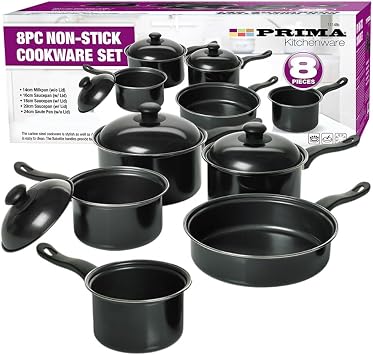 8-Piece Non-Stick Carbon Steel Saucepan Set | Durable Cookware Set with Glass Lids & Bakelite Handles | Induction Compatible Pots & Pans for Home Kitchen Cooking