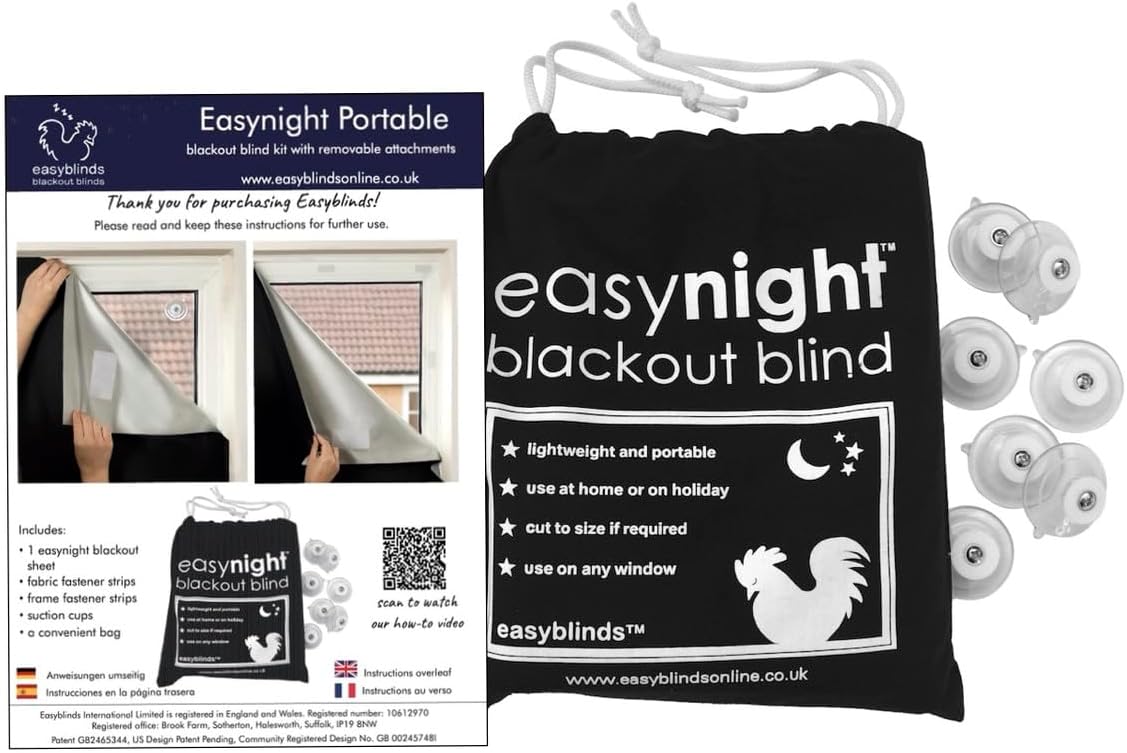 Easynight Portable Travel Blackout Blind, 100% Light Blocking Fabric, XXL, Fit Any Size/Shape Up To 300x145cm, Made to Measure Service Available, No Drill, Easy Use Temporary Permanent Anywhere
