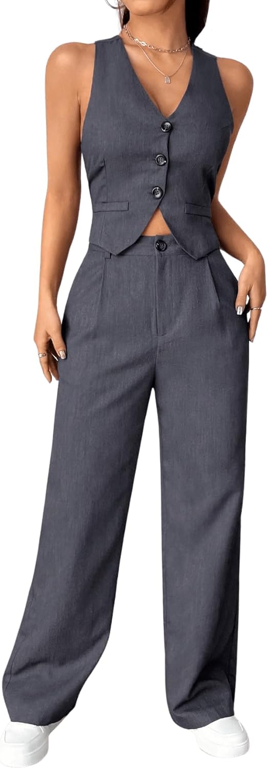 SweatyRocks Women's 2 Piece Solid Sleeveless V Neck Cross Back Button Down Blazer and Pants Business Office Suit Set - Image 4