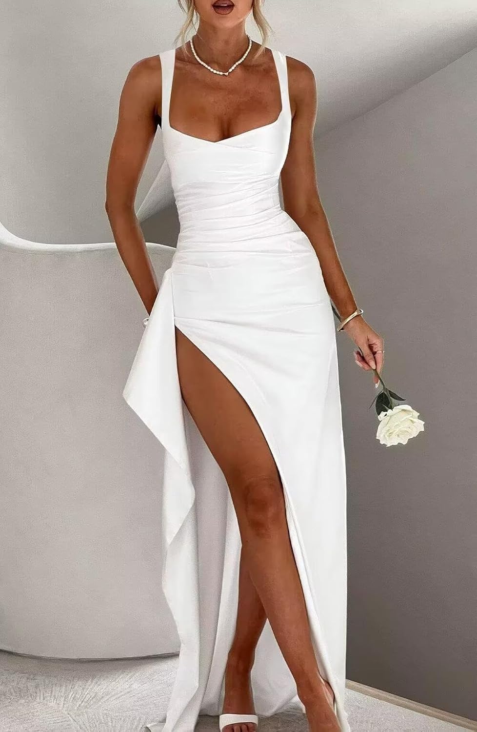 Satin Mermaid Prom Dresses for Women 2025 V-Neck Ruffled Slit Spaghetti Straps Long Evening Gown Formal Dress