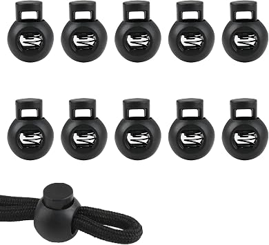 10Pcs Cord Locks Spring Toggles Stoppers, Ball Shape Plastic Toggles for Drawstrings, Black Single Hole Spring Cord Locks Rope Stop Lock-22x17x8mm LxWxHole Diameter
