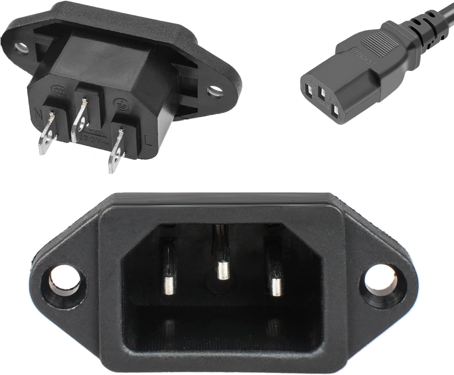 QTEATAK 3 Pack Screw Mount 3 Pins Inlet Power Plug Socket IEC320 C14 AC 250V 10A by QTEATAK