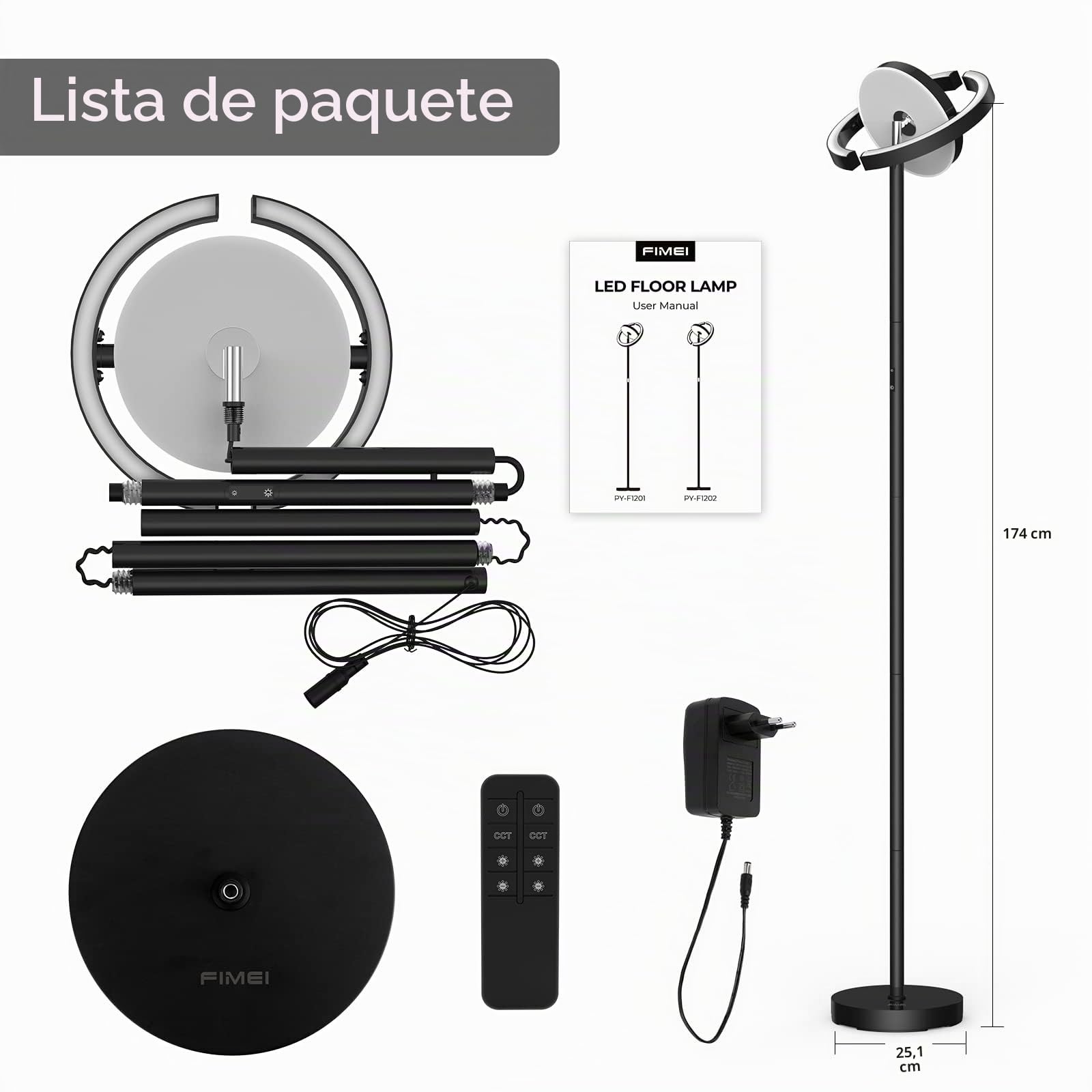 FIMEI Lámpara de Pie, 3 Temperatura de Color y Atenuación Continuas, con Control Remoto y Táctil, Moderna Lámpara de Lectura para Sala de Estar, Dormitorio, Oficina, 36W, Luz Central hacia Abajo