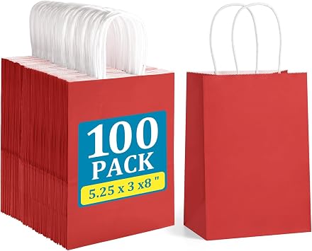 BagDream Gift Bags with Handles 5.25x3x8 Inch Bright Red 100 Pack Bulk