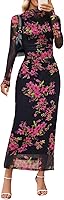 MEROKEETY Women's Long Sleeve Floral Mesh Bodycon Maxi Dress - Wedding Guest Cocktail Party Fall Holiday