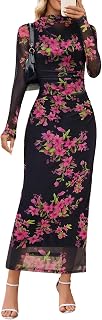 MEROKEETY Women's Long Sleeve Floral Mesh Bodycon Maxi Dress - Wedding Guest Cocktail Party Fall Holiday