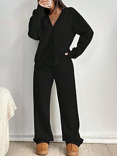 Lounge Sets for Women 2 Piece Outfits V Neck Button Sweatshirt Wide Leg Pants Matching Set Sweatsuits