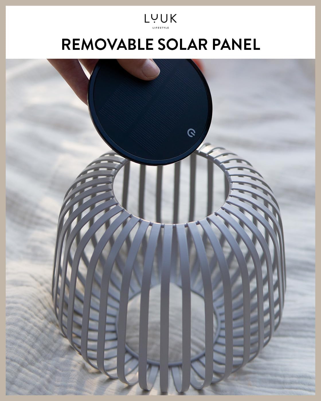LUUK LIFESTYLE LED Table lamp with Removable Solar Panel (up to 72h Lighting) for Indoor & Outdoor use, Cordless and Portable Metal cage Design, dimmable Brightness, Decorative Boho Style, Light Grey
